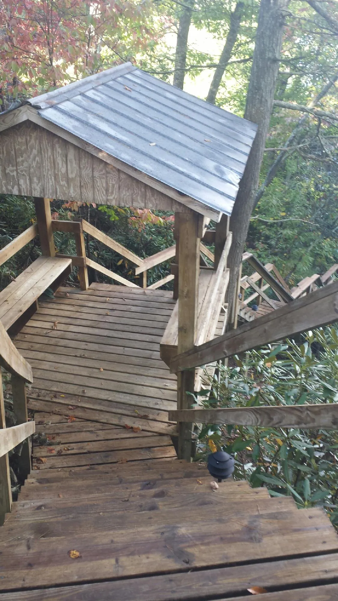 Metal roofed shelter over wooden steps on a wooded walkway — Skylight Repair & Installation work by our crew in Graham